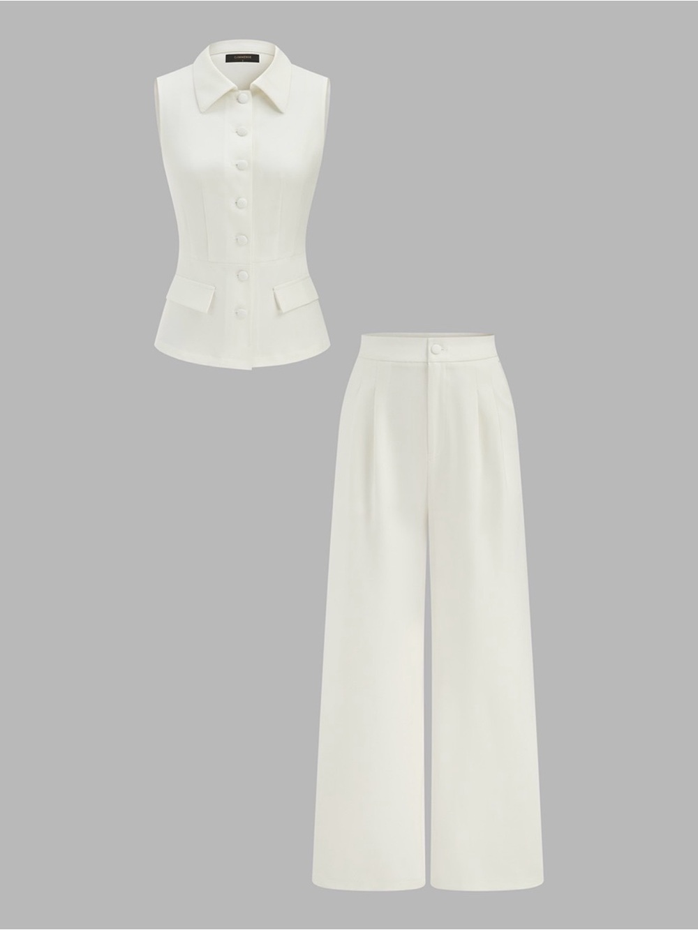 Commense Sleeveless Button Vest & Wide-Leg Pants Set - Cream - Picture 2 of 8